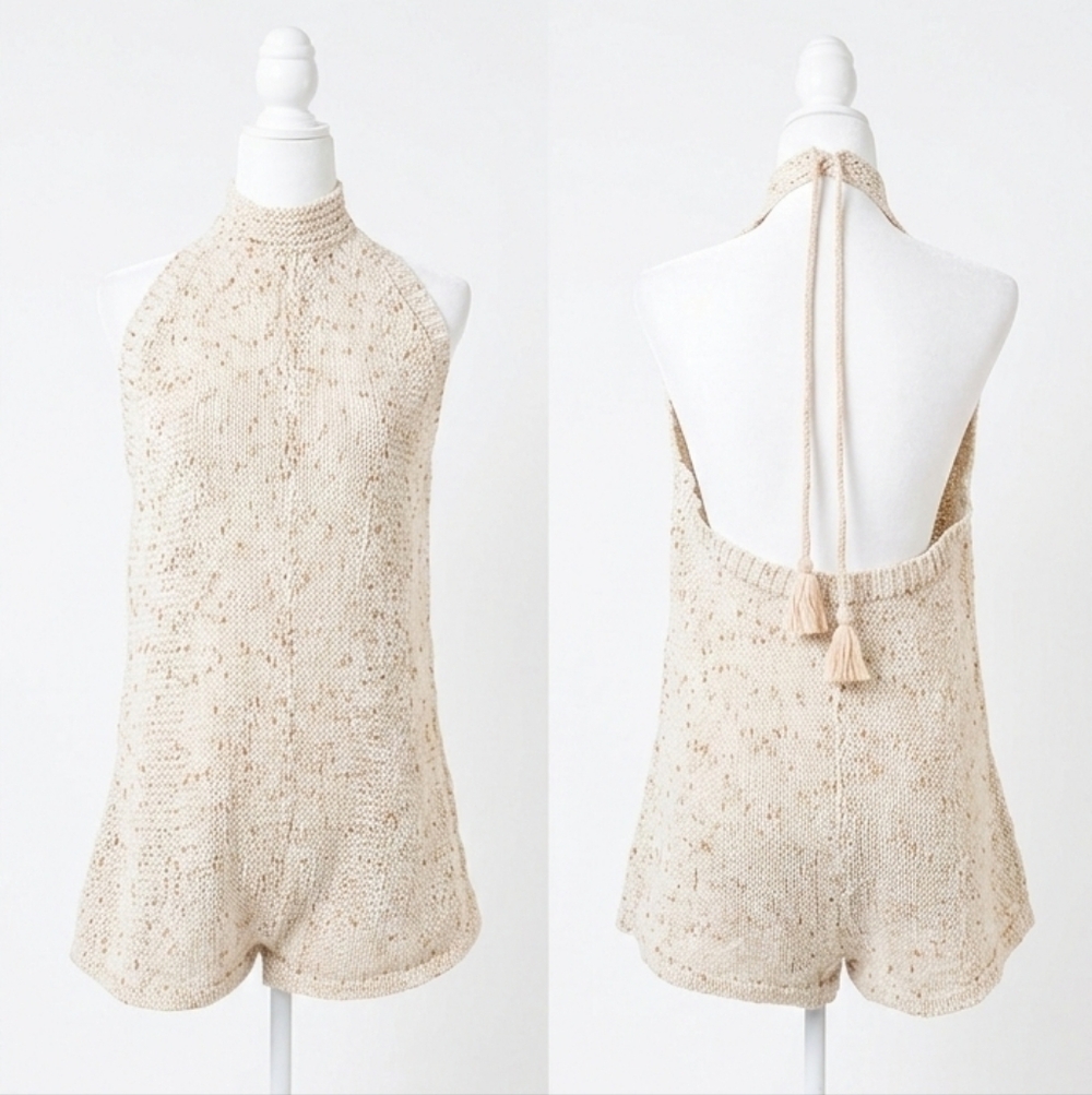 Free People FP Molly Playsuit Ivory Crochet Knit Halter Romper Large